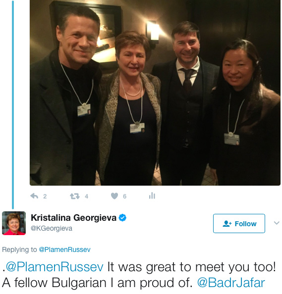Plamen Russev with the CEO of the World Bank Kristalina Georgieva happy to meet a fellow Bulgarian at the World Economic Forum.