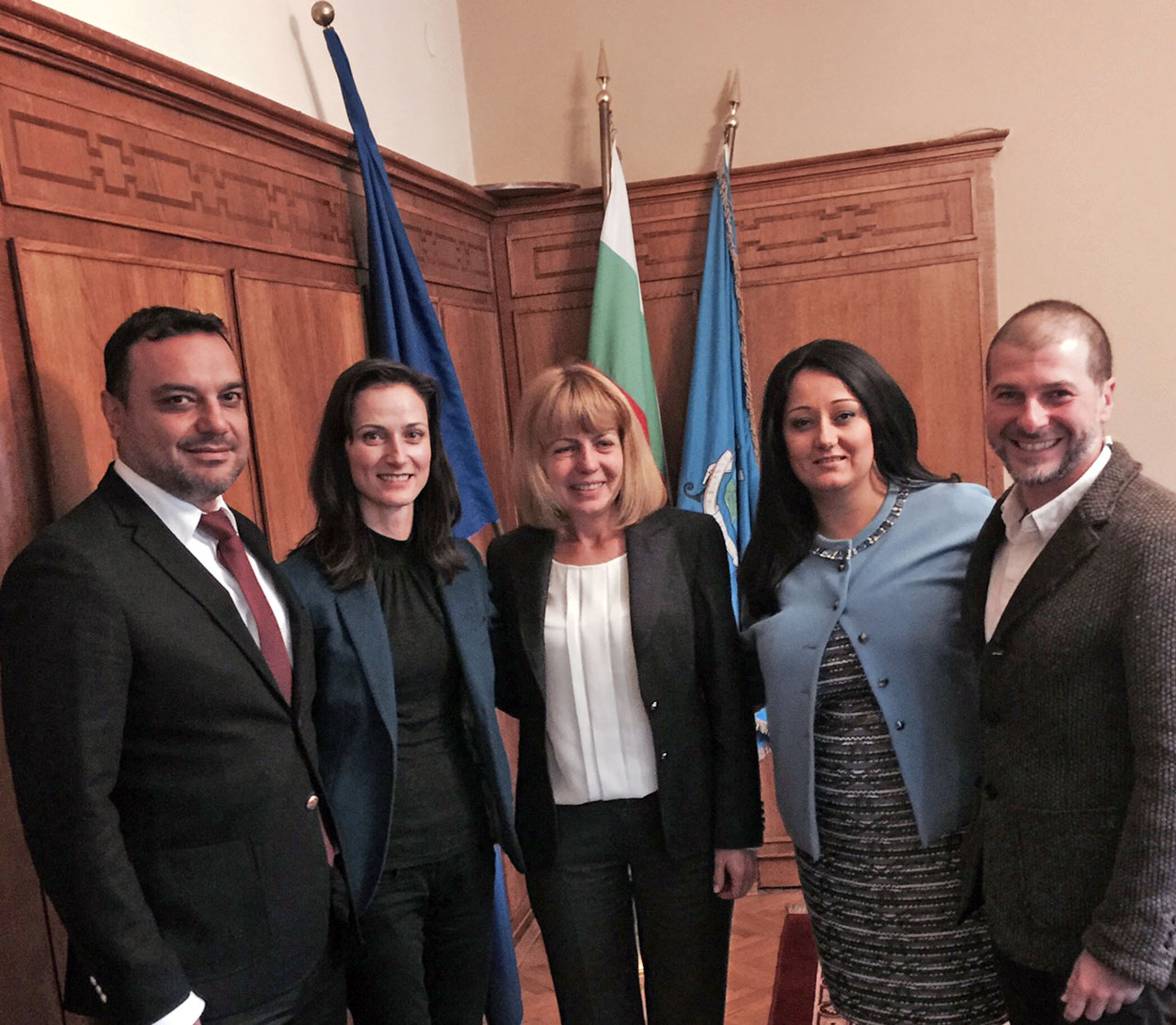 Plamen Russev with Minister of Transport, Information Technology and Communications Ivaylo Moskovski, EU Commissioner Mariya Gabriel, Мinister of Bulgarian Presidency Of The Council Of The EU Lilyana Pavlova and the mayor of Sofia Yordanka Fandakova in Sofia.